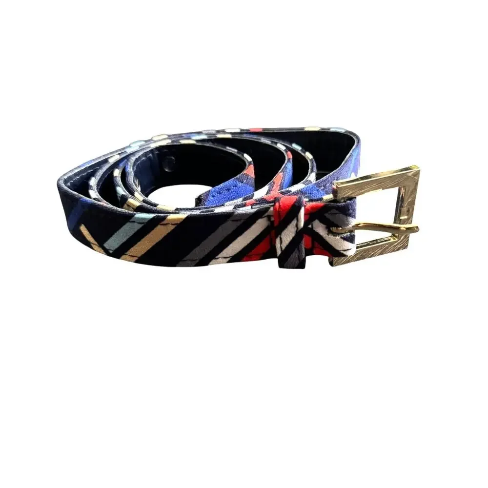 Blue Multi Color Geometric Colorful Thin Slim Womens Belt Gold Tone Buckle Sz 14